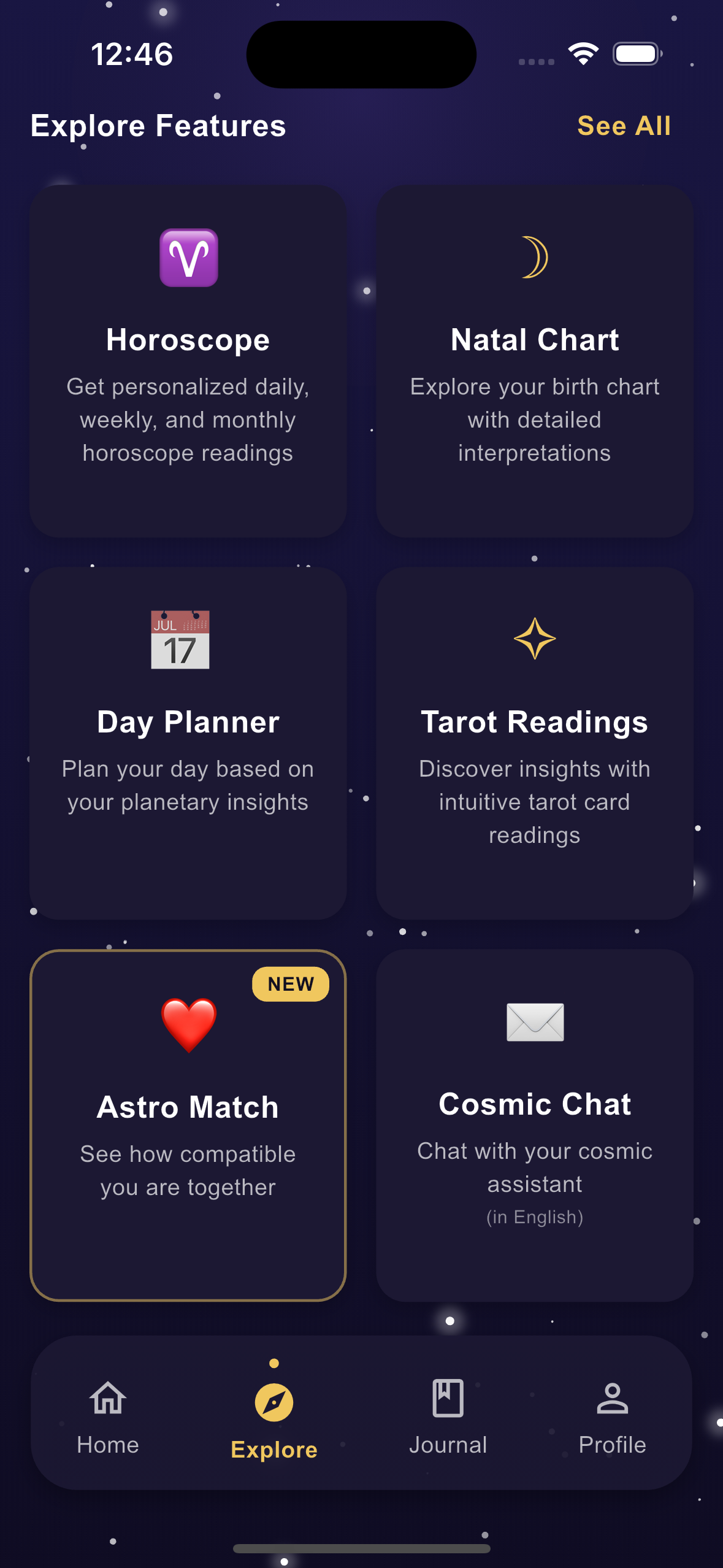 AstroAura app explore dashboard showcasing multilingual astrology features and AI-powered cosmic insights