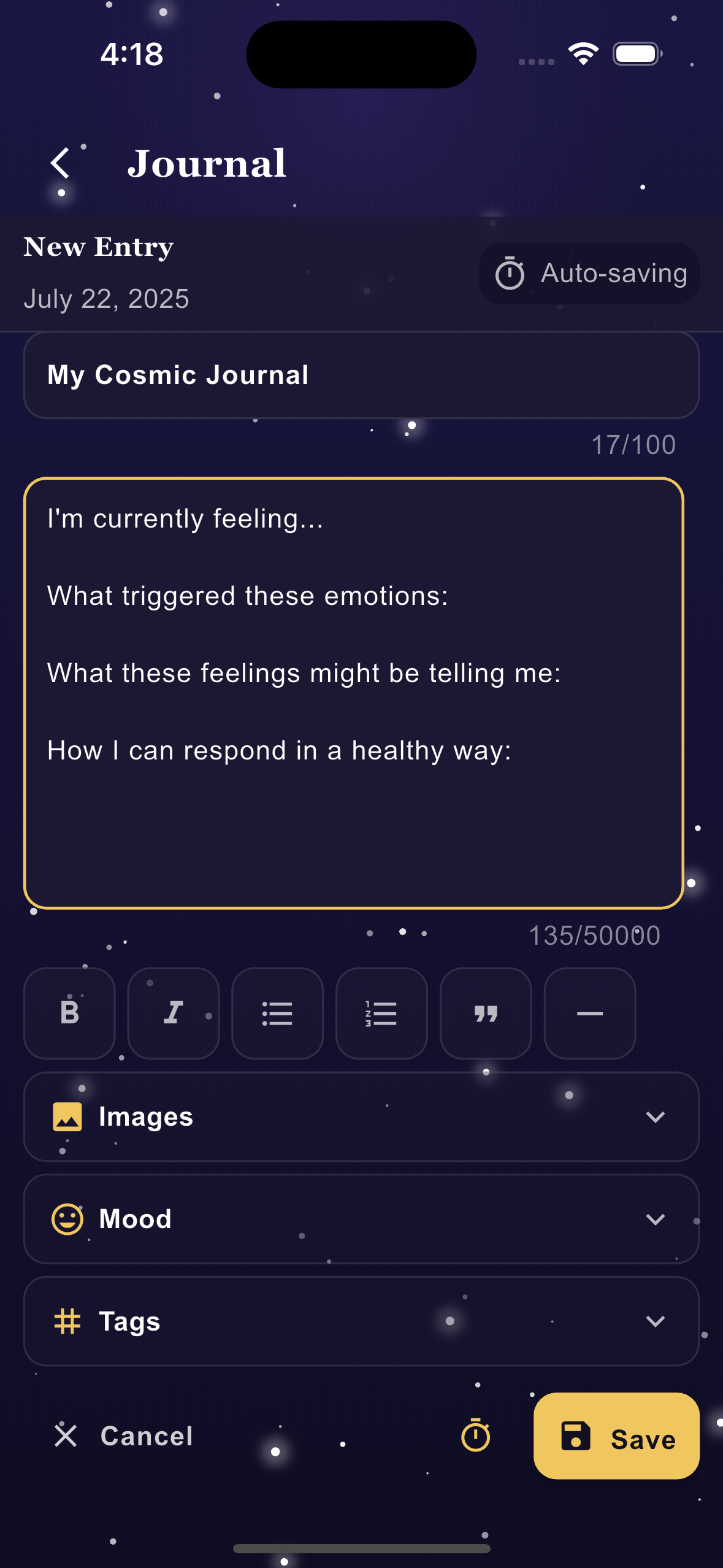 AstroAura spiritual wellness journal with mood tracking and astrological insights for personal growth